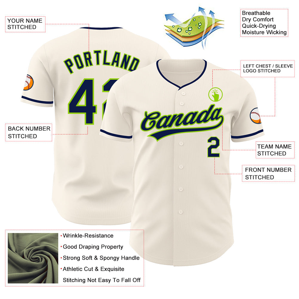 Custom Cream Navy-Neon Green Authentic Baseball Jersey view 3