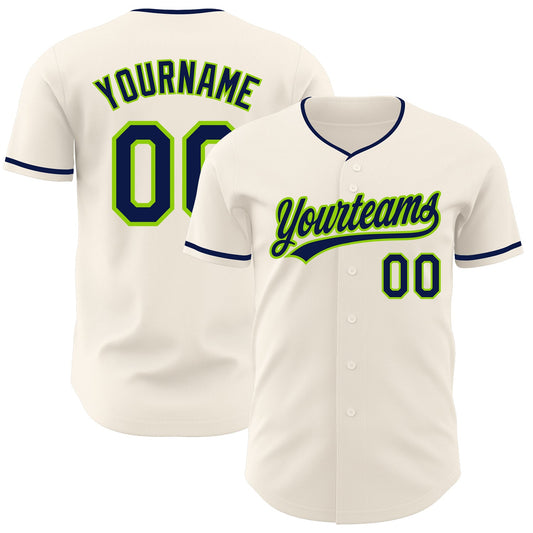Custom Cream Navy-Neon Green Authentic Baseball Jersey - Main View