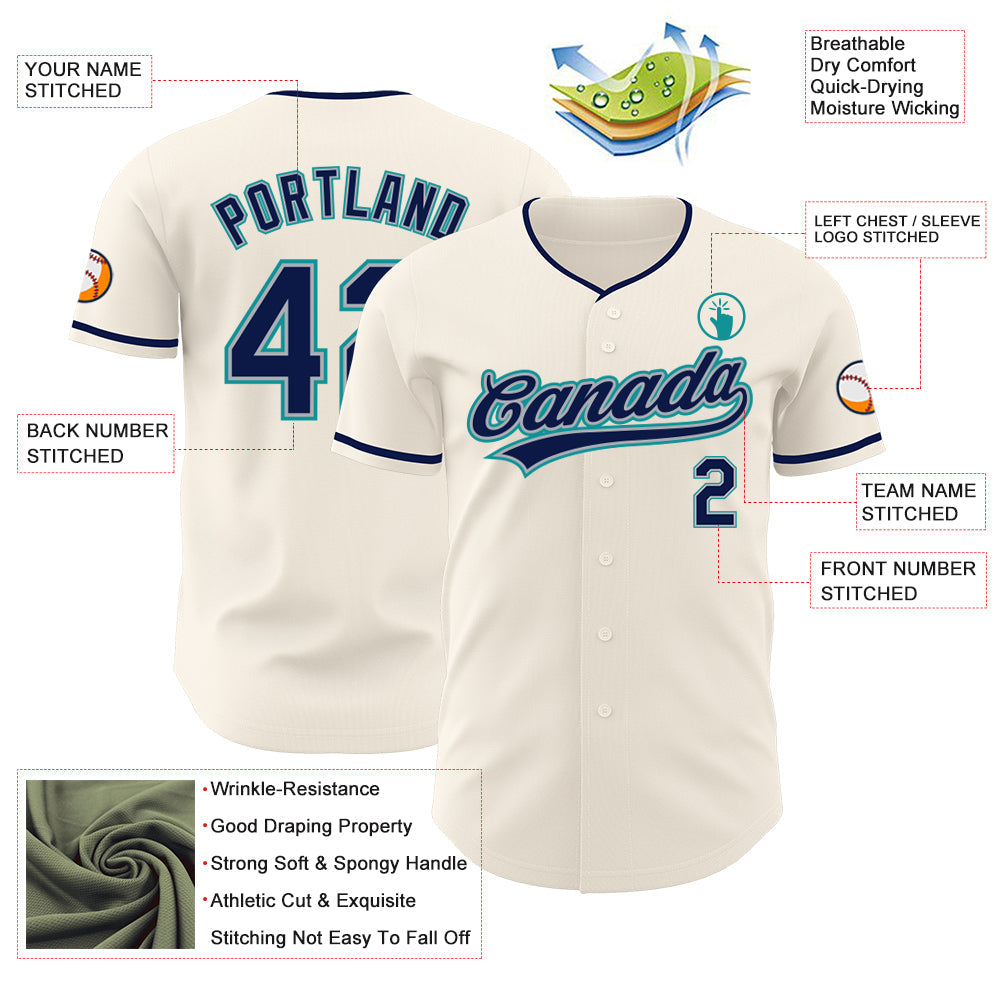 Custom Cream Navy Gray-Teal Authentic Baseball Jersey view 3