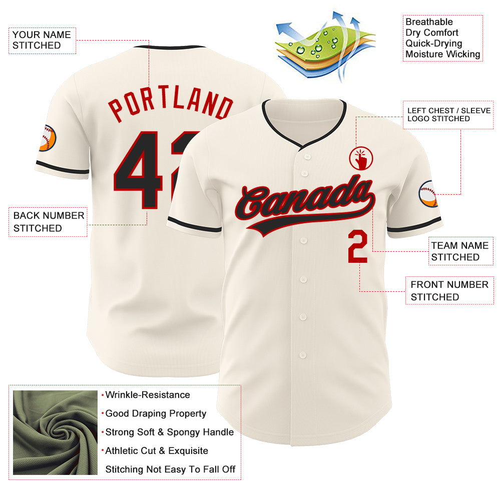 Custom Cream Black-Red Authentic Baseball Jersey view 3