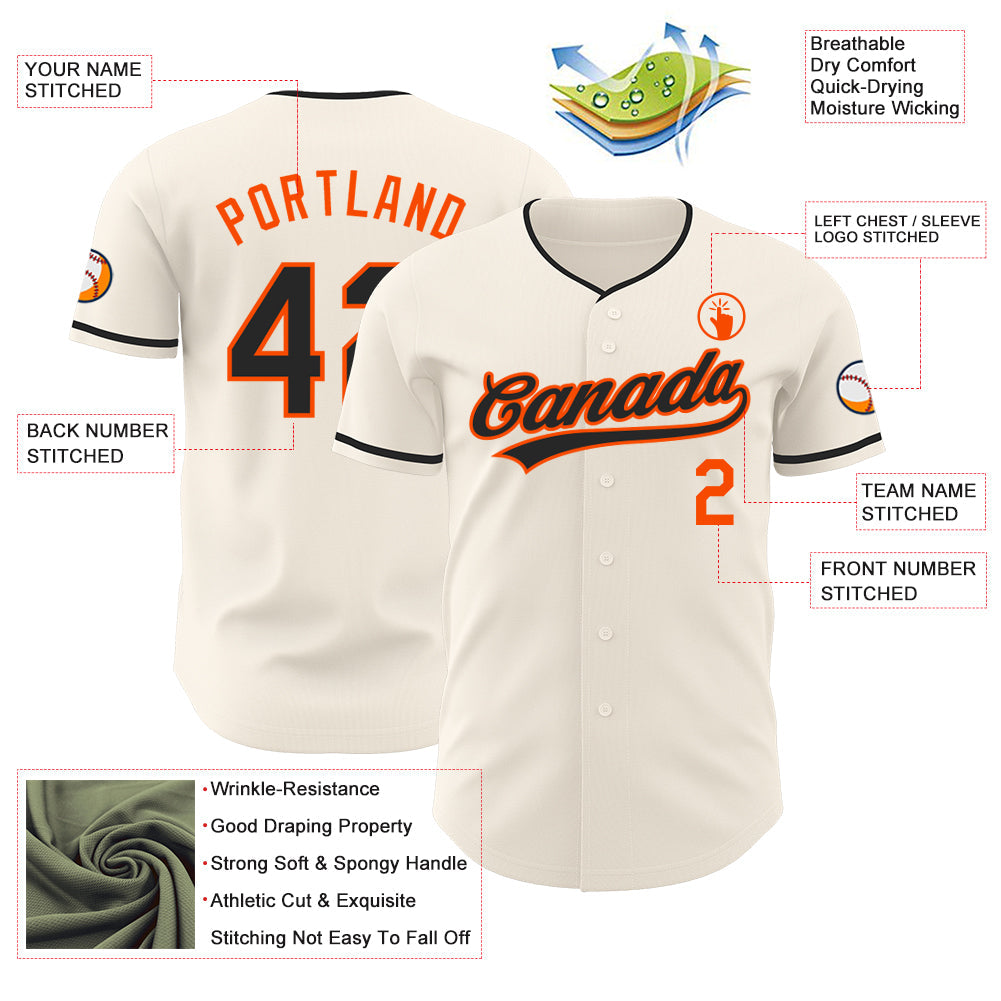 Custom Cream Black-Orange Authentic Baseball Jersey view 3
