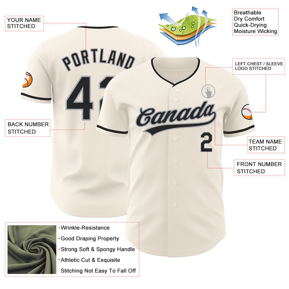 Custom Cream Black-Gray Authentic Baseball Jersey view 3