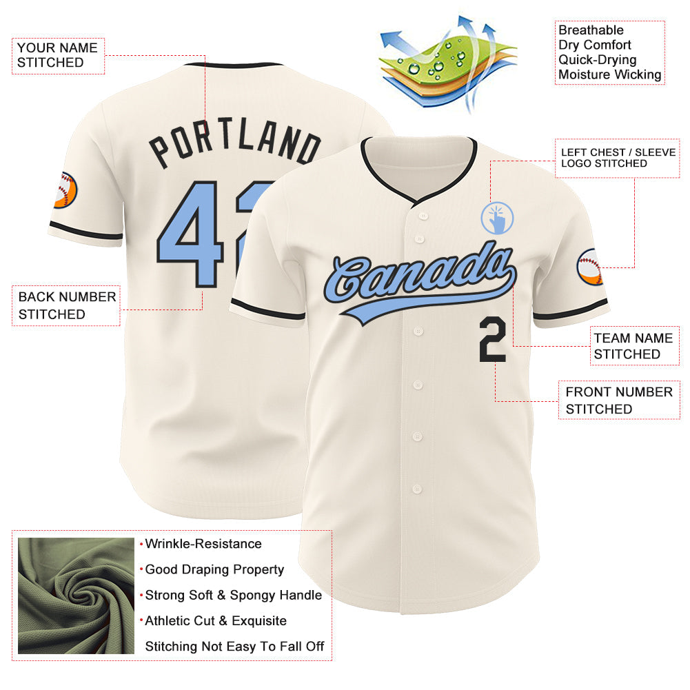 Custom Cream Light Blue-Black Authentic Baseball Jersey view 3
