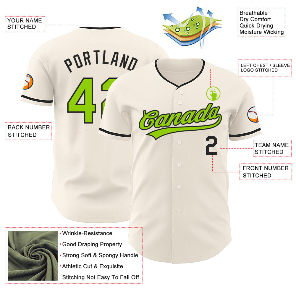 Custom Cream Neon Green-Black Authentic Baseball Jersey view 3
