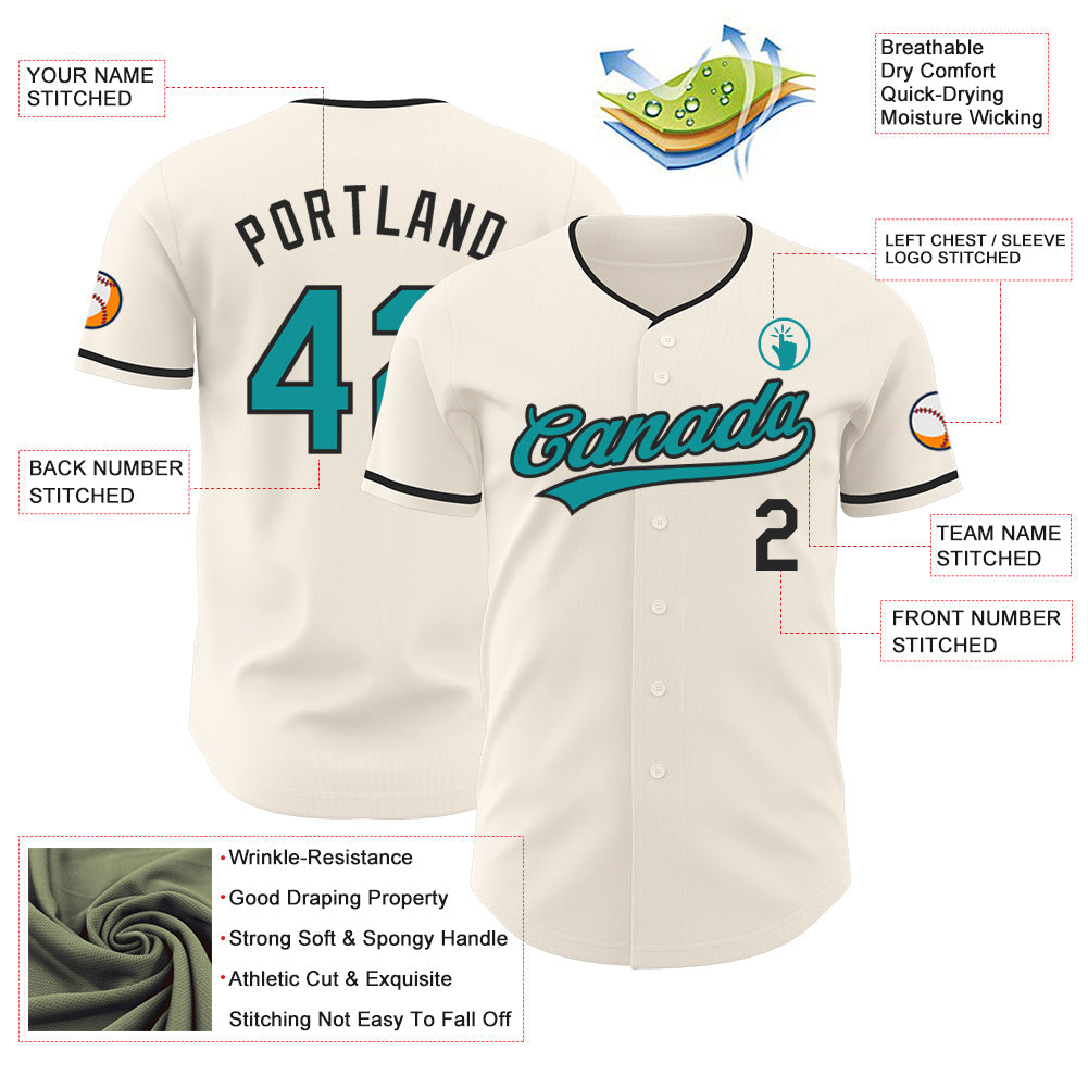 Custom Cream Teal-Black Authentic Baseball Jersey view 3