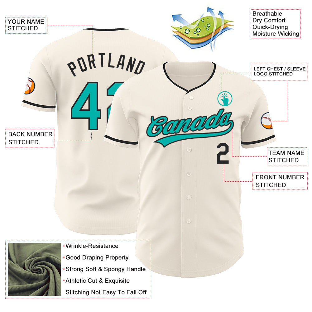 Custom Cream Aqua-Black Authentic Baseball Jersey view 3