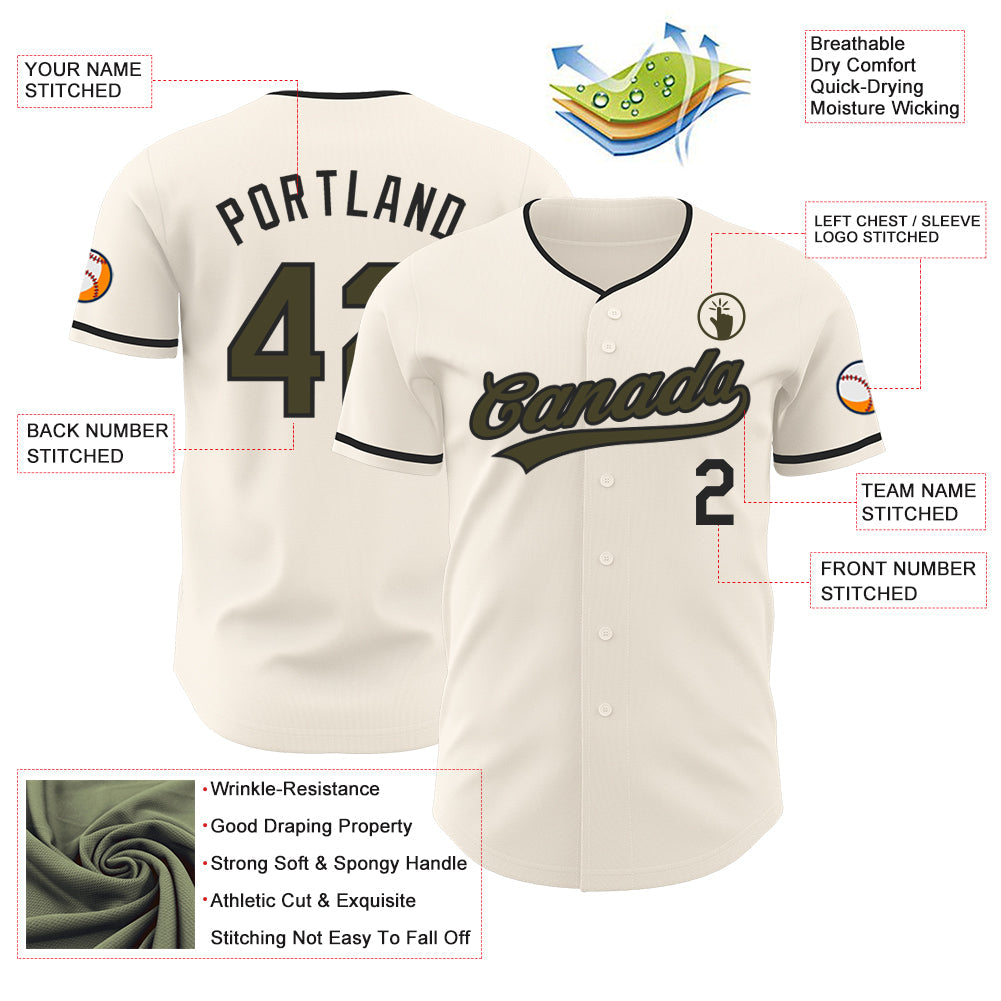Custom Cream Olive-Black Authentic Baseball Jersey view 3