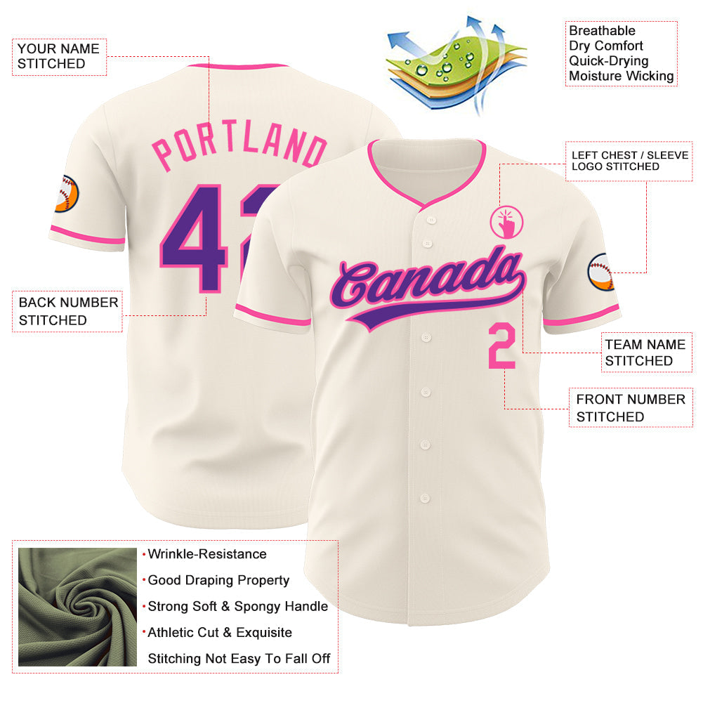 Custom Cream Purple-Pink Authentic Baseball Jersey view 3