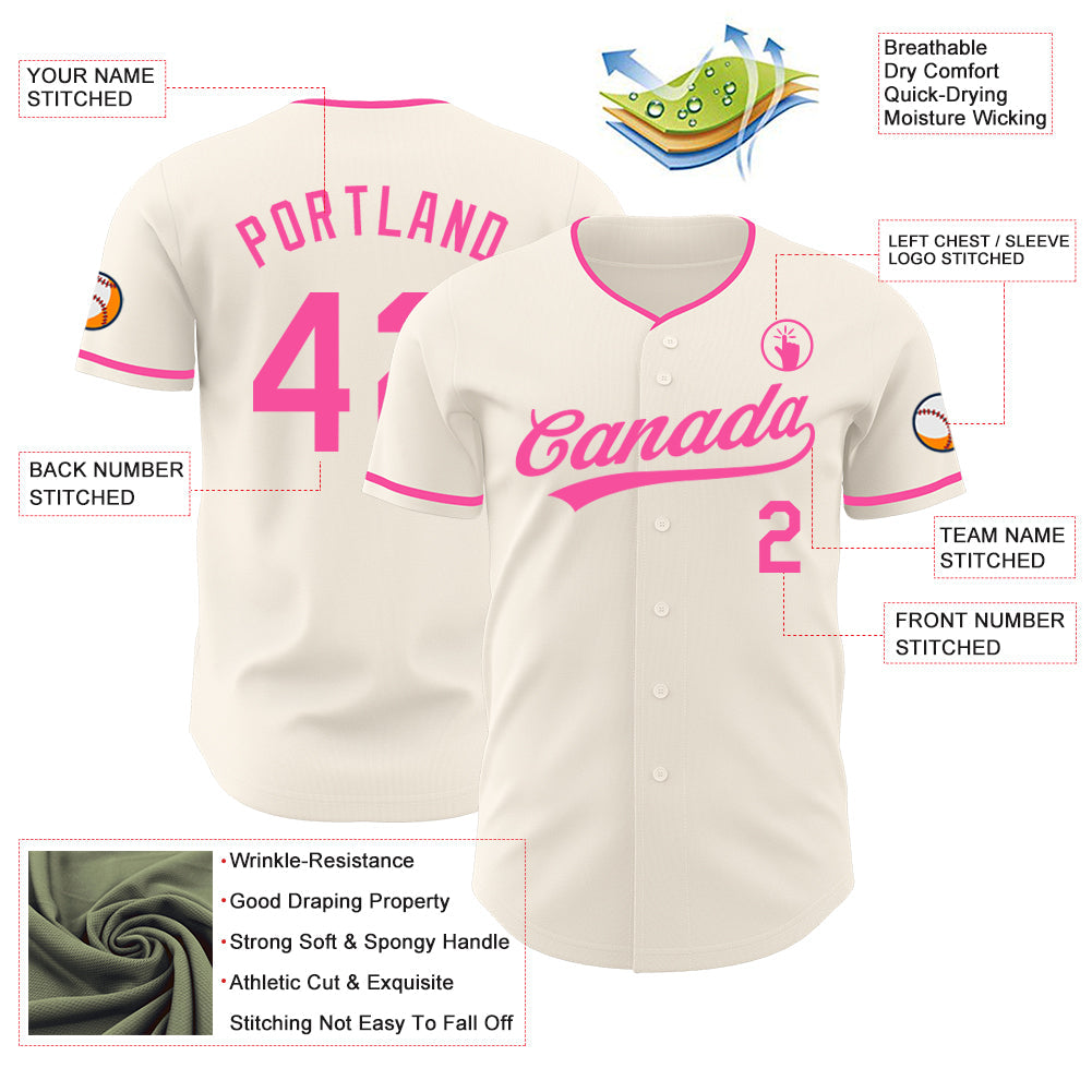 Custom Cream-Pink Authentic Baseball Jersey view 3