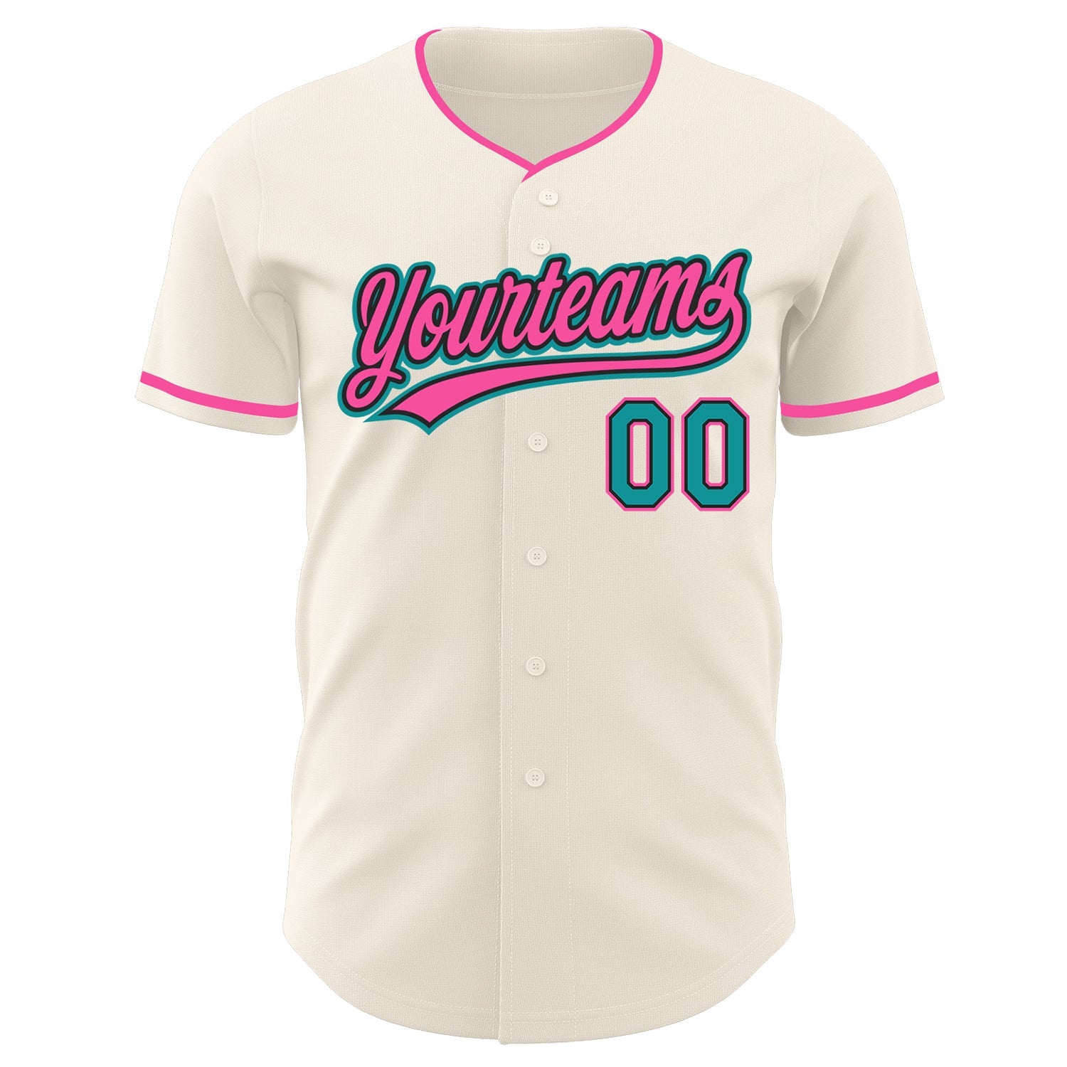 Custom Cream Teal Black-Pink Authentic Baseball Jersey view 2