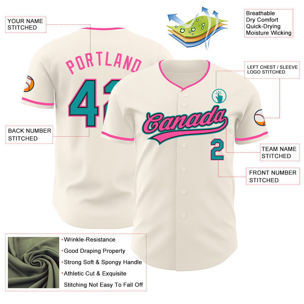 Custom Cream Teal Black-Pink Authentic Baseball Jersey view 3