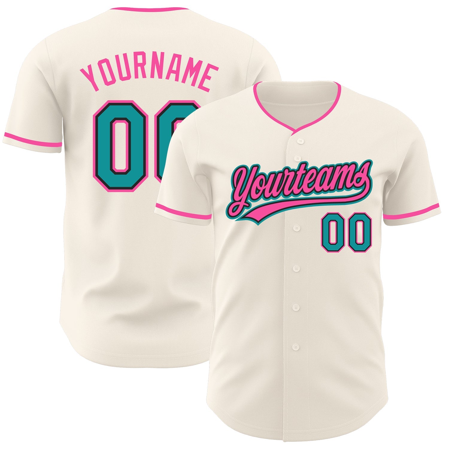 Custom Cream Teal Black-Pink Authentic Baseball Jersey - Main View
