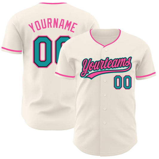 Custom Cream Teal Black-Pink Authentic Baseball Jersey - Main View