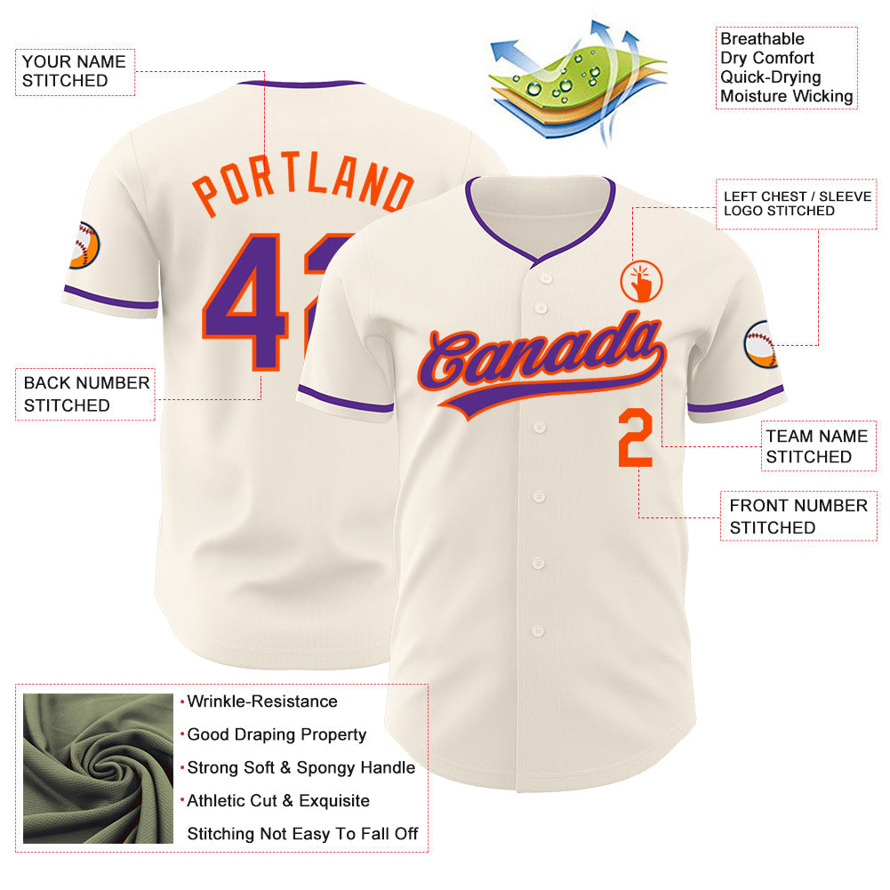 Custom Cream Purple-Orange Authentic Baseball Jersey view 3