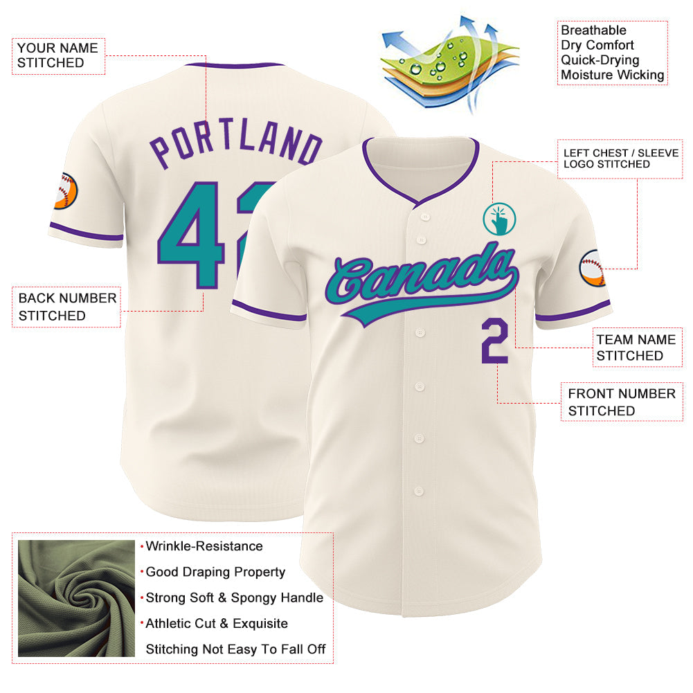 Custom Cream Teal-Purple Authentic Baseball Jersey view 3