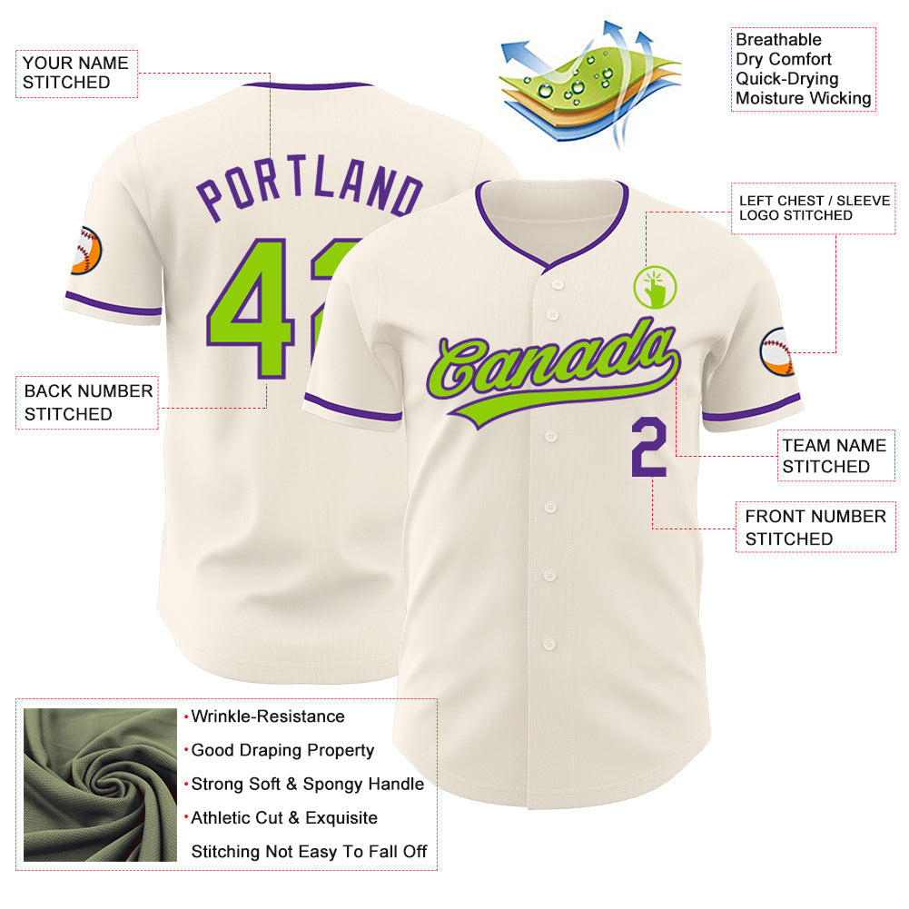 Custom Cream Neon Green-Purple Authentic Baseball Jersey view 3