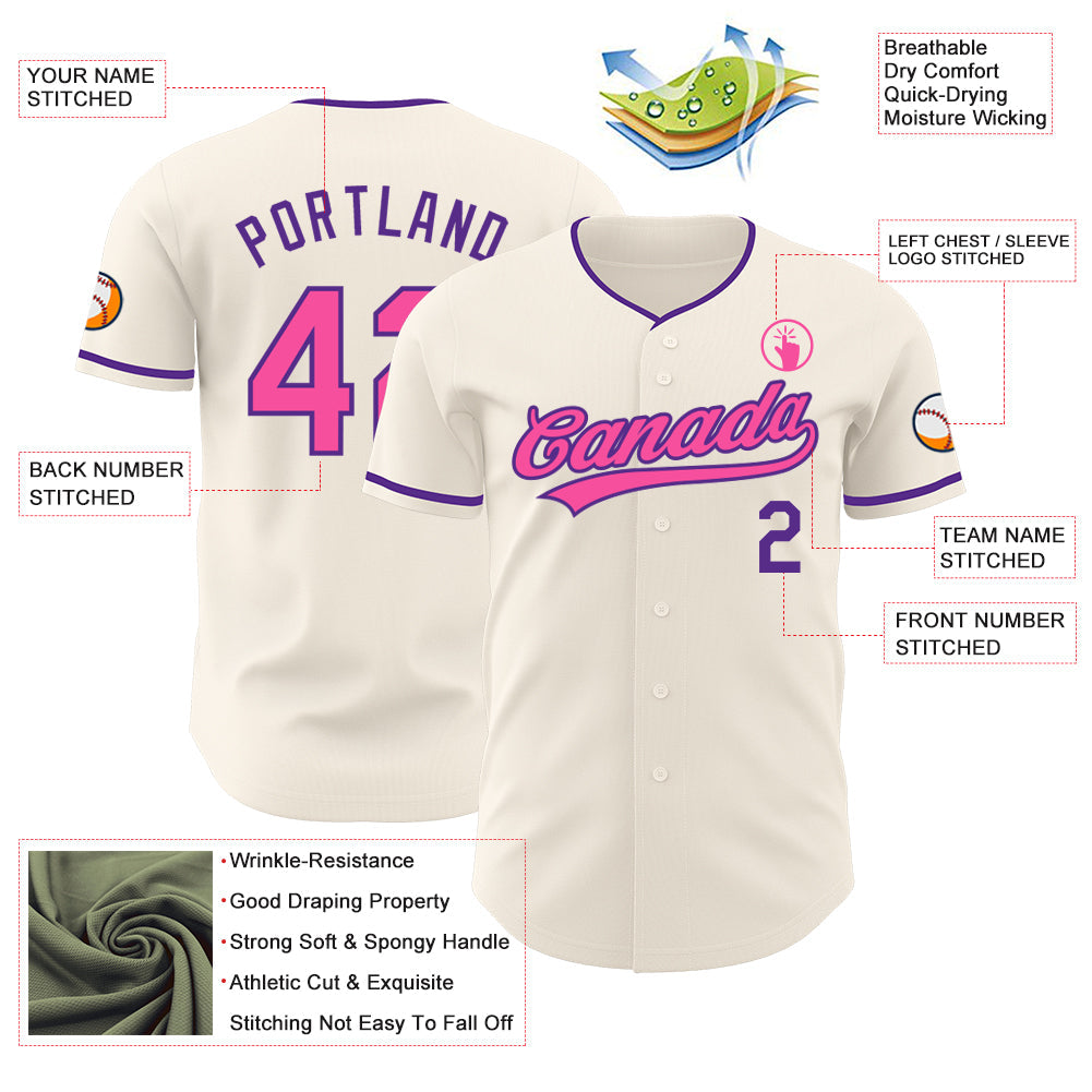 Custom Cream Pink-Purple Authentic Baseball Jersey view 3