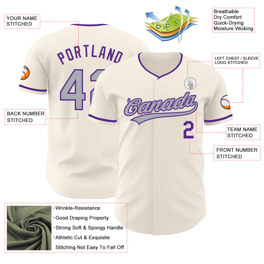 Custom Cream Gray-Purple Authentic Baseball Jersey view 3