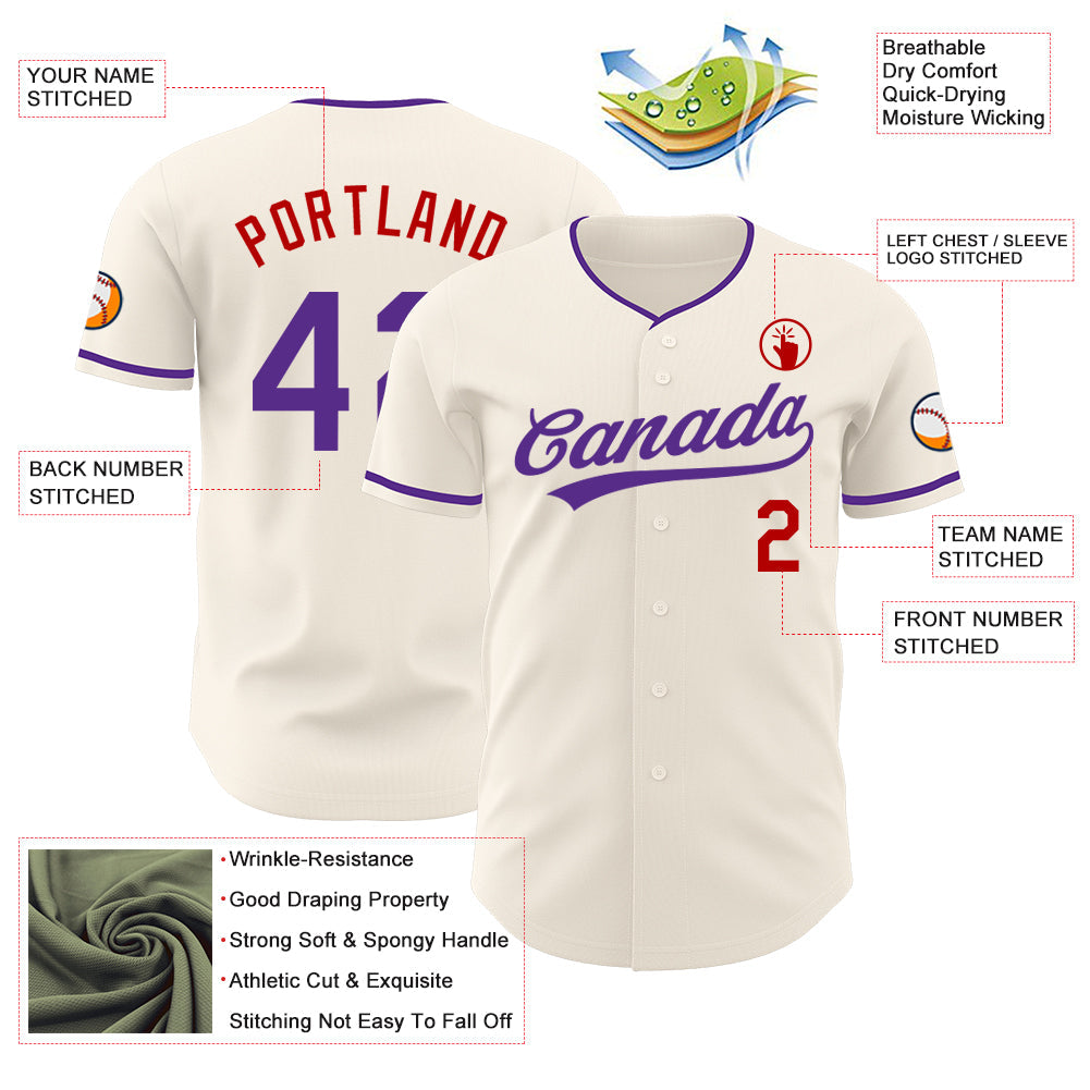 Custom Cream Purple-Red Authentic Baseball Jersey view 3