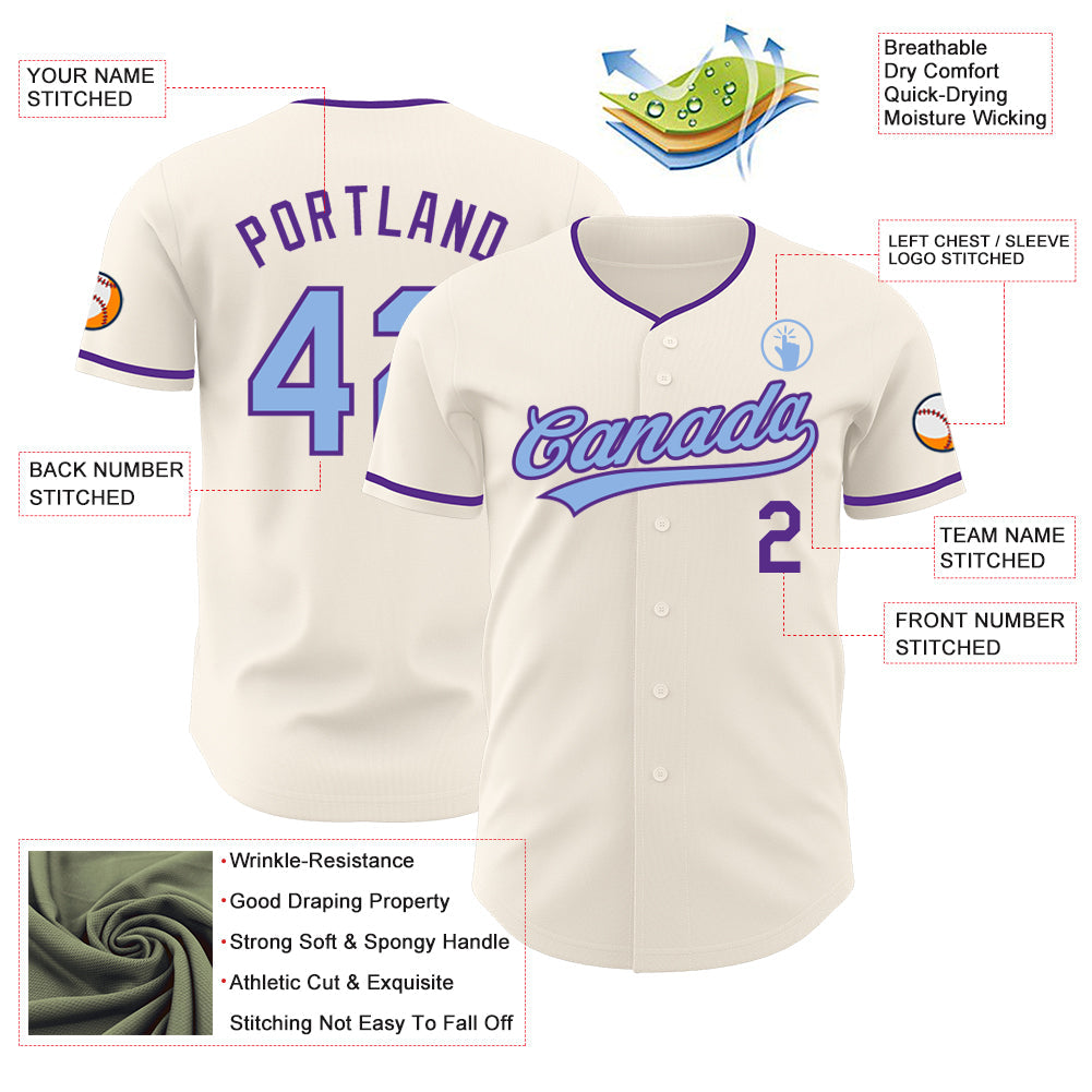 Custom Cream Light Blue-Purple Authentic Baseball Jersey view 3
