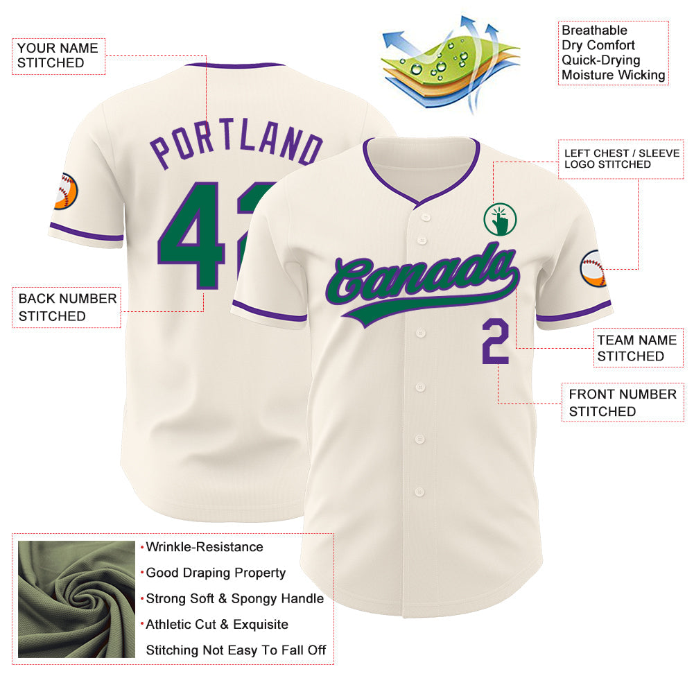 Custom Cream Kelly Green-Purple Authentic Baseball Jersey view 3
