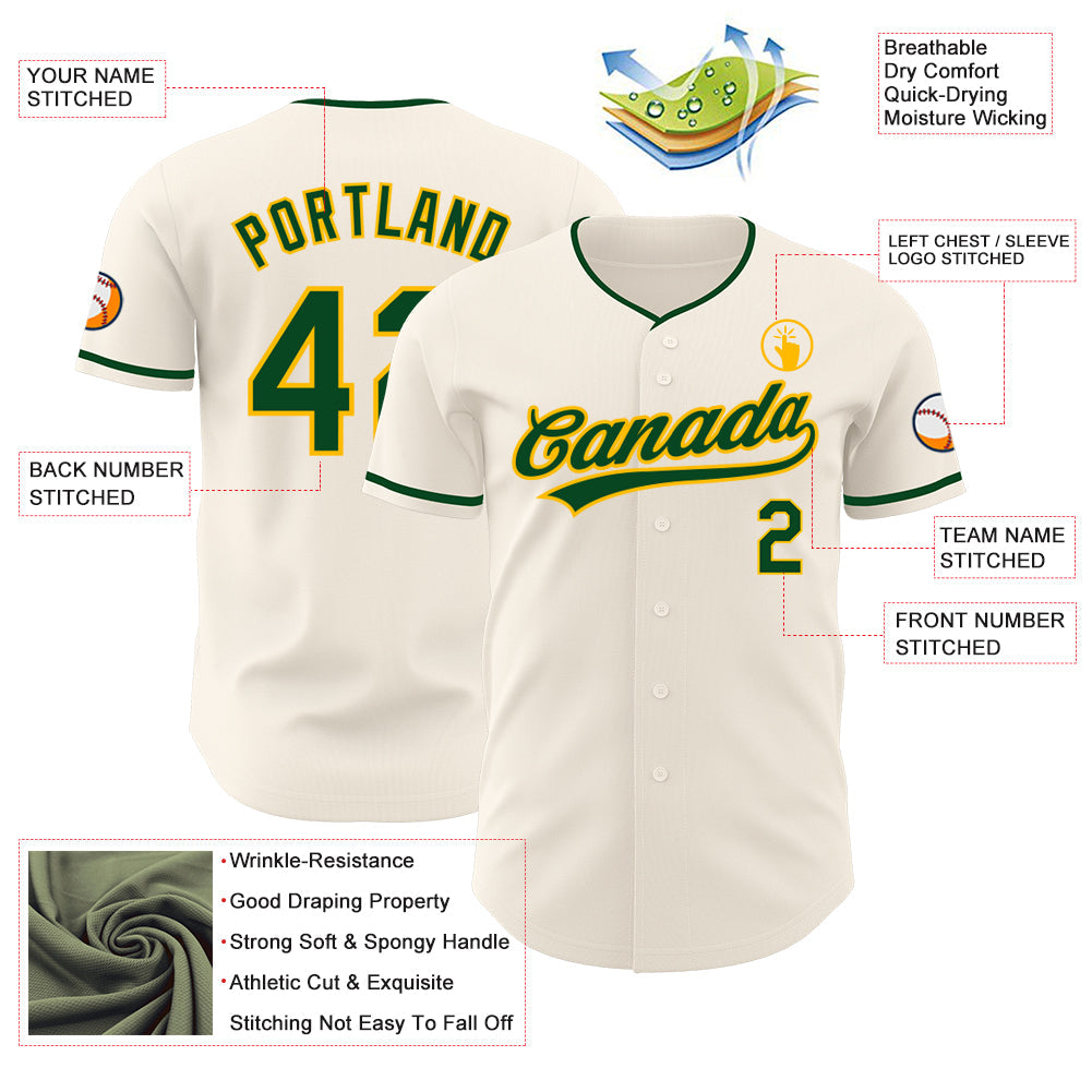 Custom Cream Green-Gold Authentic Baseball Jersey view 3