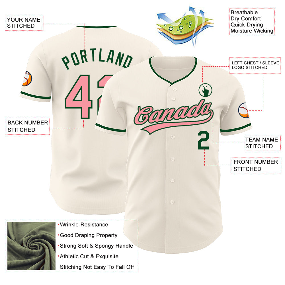 Custom Cream Medium Pink-Green Authentic Baseball Jersey view 3