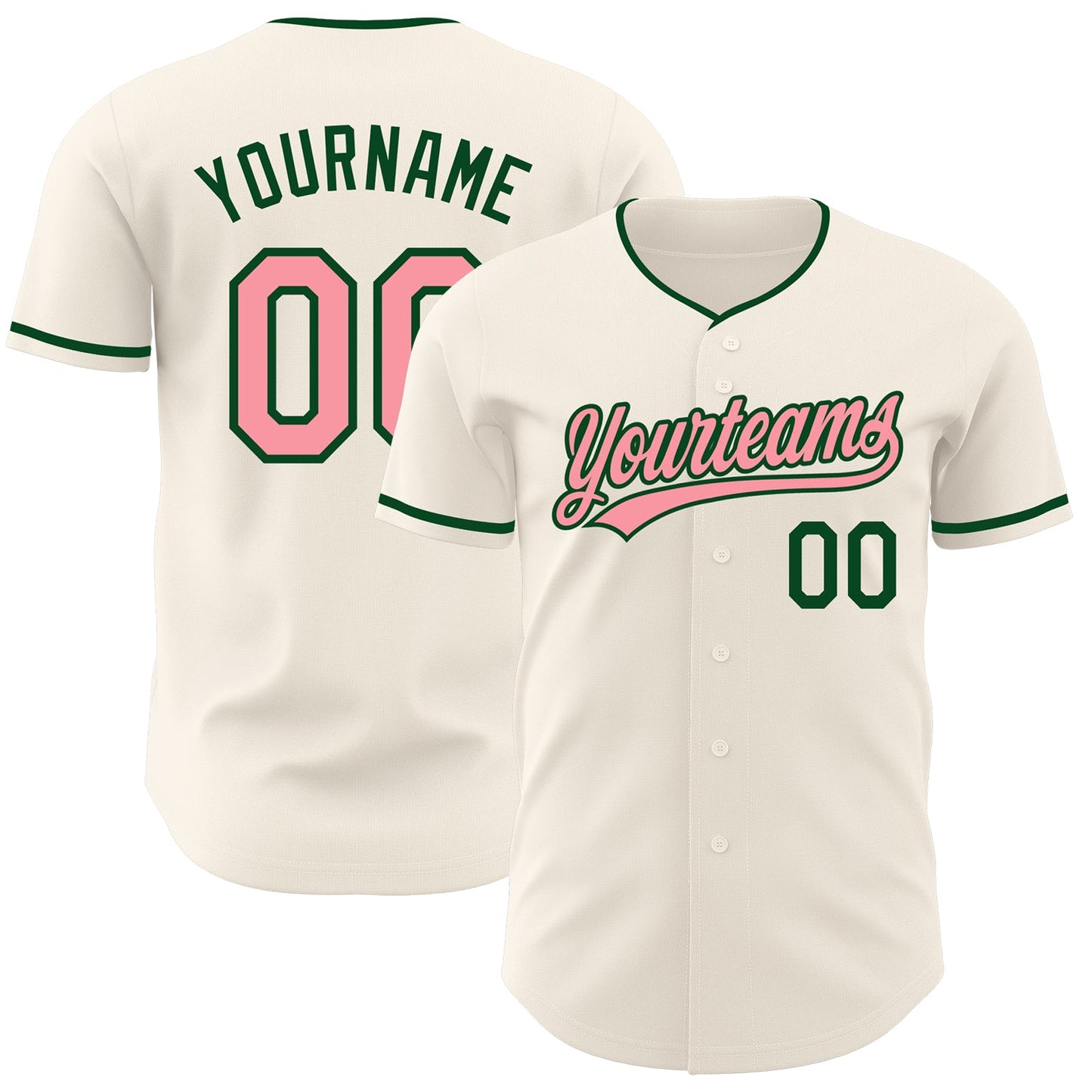 Custom Cream Medium Pink-Green Authentic Baseball Jersey - Main View
