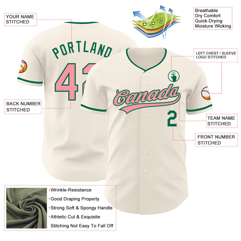 Custom Cream Medium Pink-Kelly Green Authentic Baseball Jersey view 3