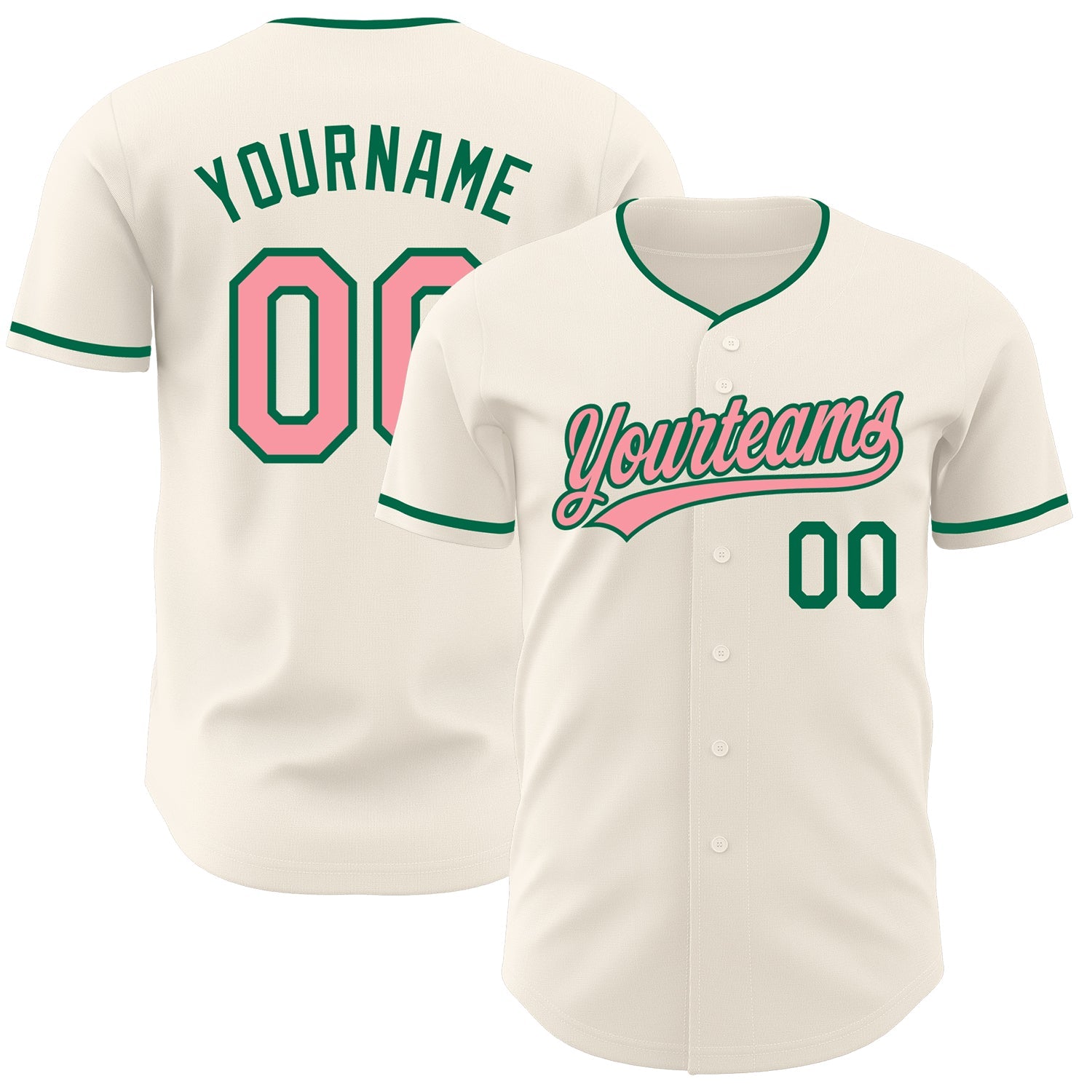 Custom Cream Medium Pink-Kelly Green Authentic Baseball Jersey - Main View