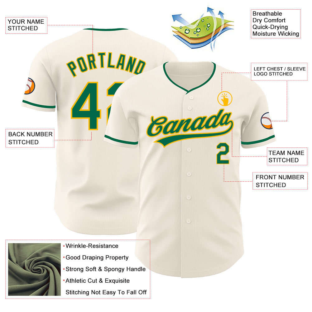 Custom Cream Kelly Green-Gold Authentic Baseball Jersey view 3