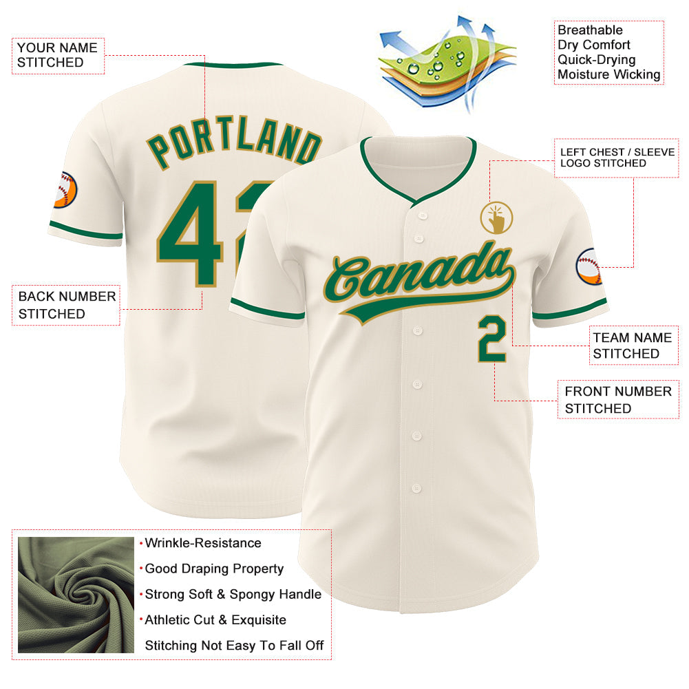 Custom Cream Kelly Green-Old Gold Authentic Baseball Jersey view 3