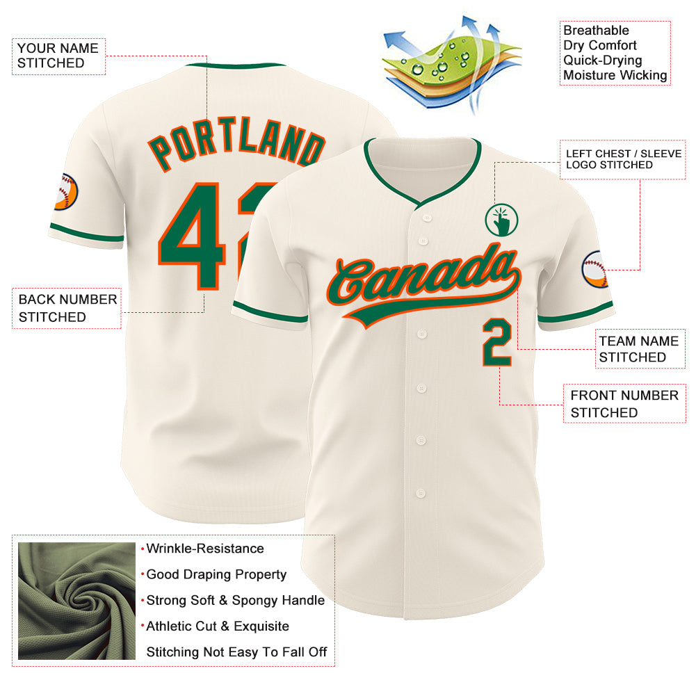 Custom Cream Kelly Green-Orange Authentic Baseball Jersey view 3