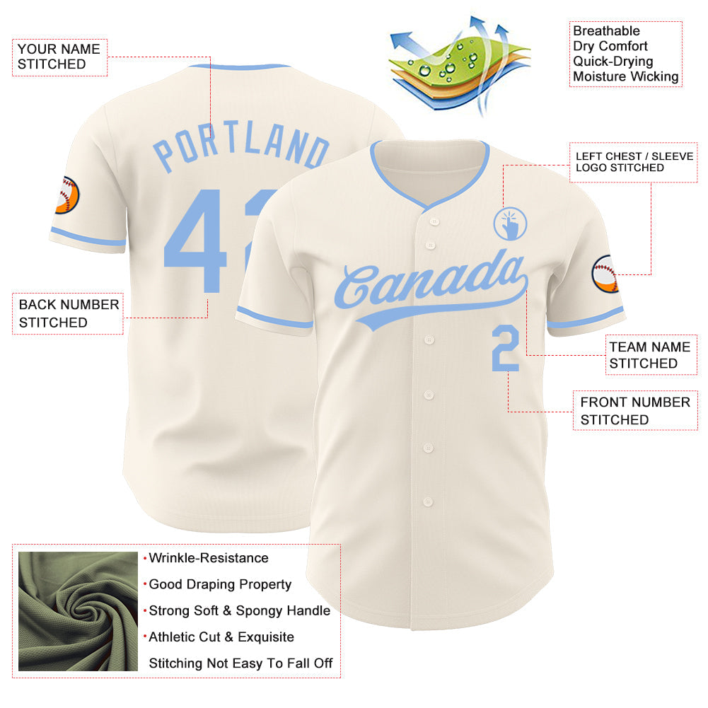 Custom Cream-Light Blue Authentic Baseball Jersey view 3