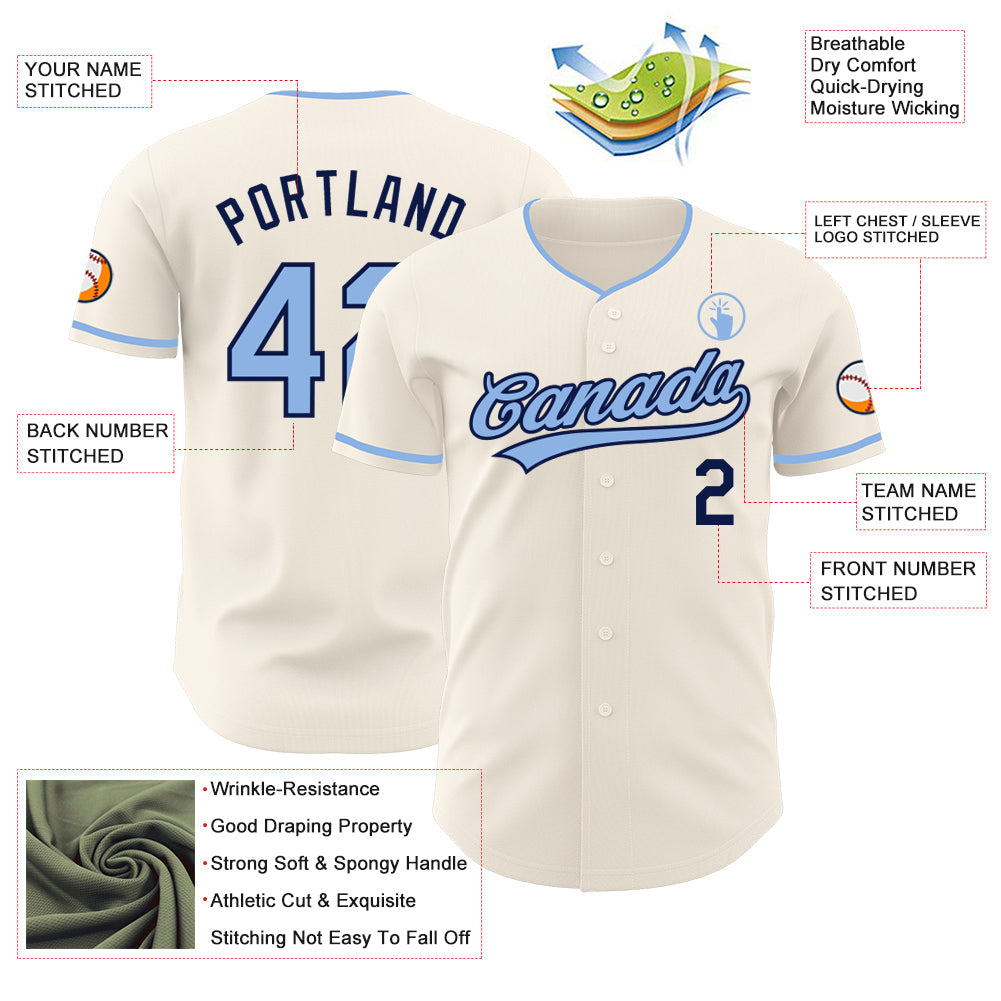 Custom Cream Light Blue-Navy Authentic Baseball Jersey view 3