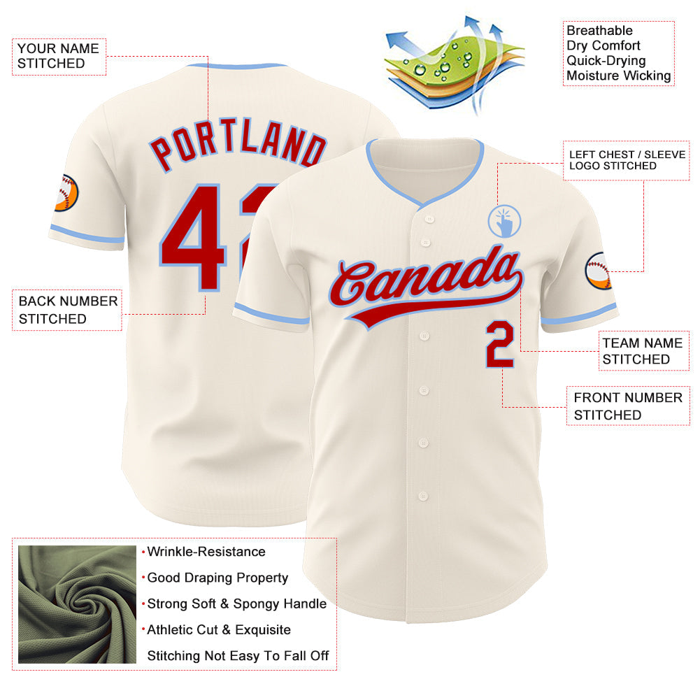 Custom Cream Red-Light Blue Authentic Baseball Jersey view 3