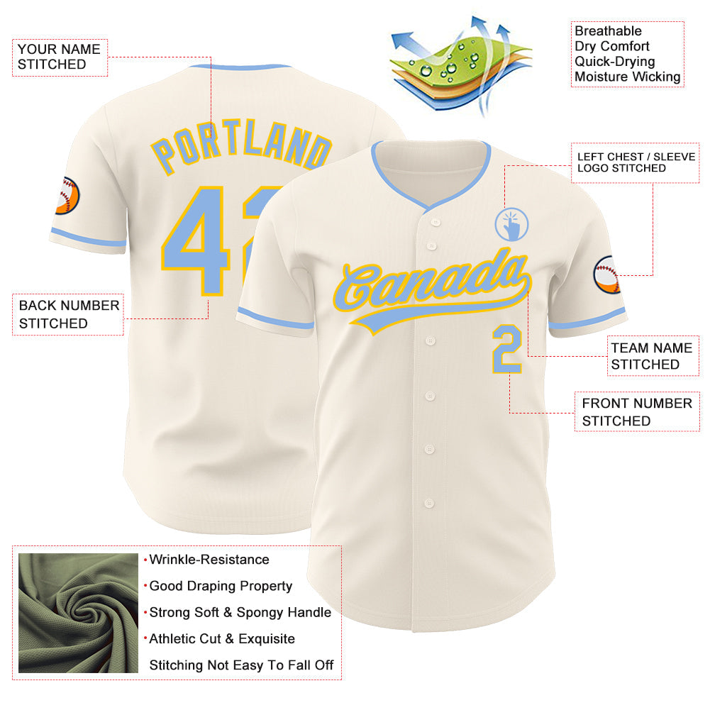 Custom Cream Light Blue-Yellow Authentic Baseball Jersey view 3