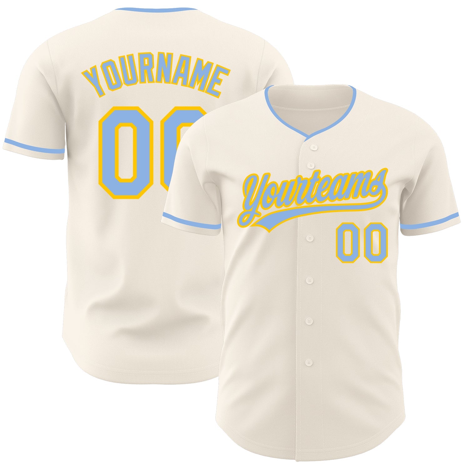 Custom Cream Light Blue-Yellow Authentic Baseball Jersey - Main View