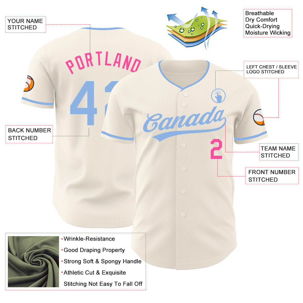 Custom Cream Light Blue-Pink Authentic Baseball Jersey view 3