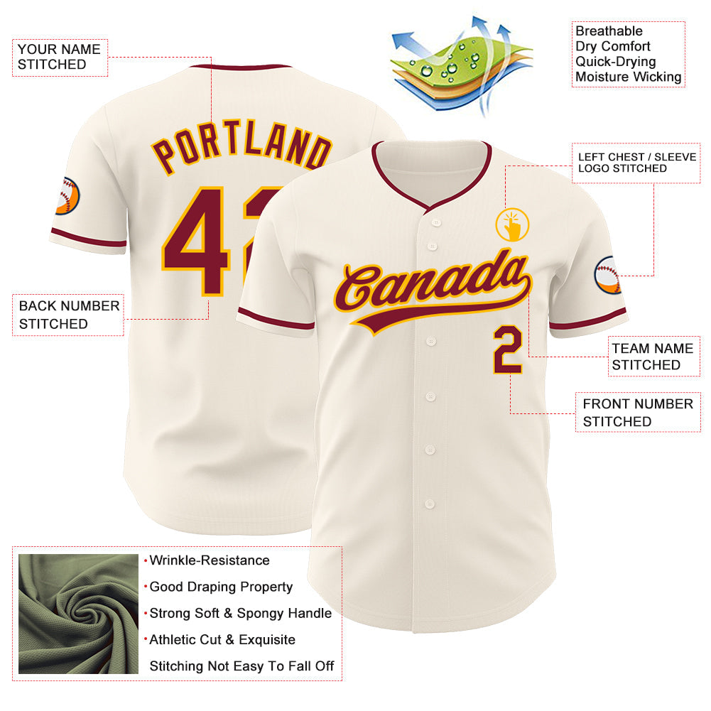 Custom Cream Crimson-Gold Authentic Baseball Jersey view 3