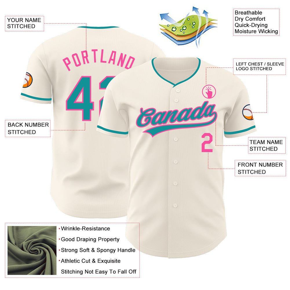 Custom Cream Teal-Pink Authentic Baseball Jersey view 3