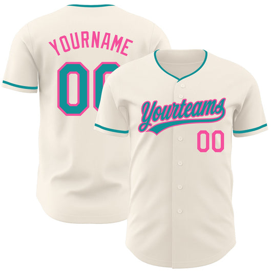 Custom Cream Teal-Pink Authentic Baseball Jersey - Main View