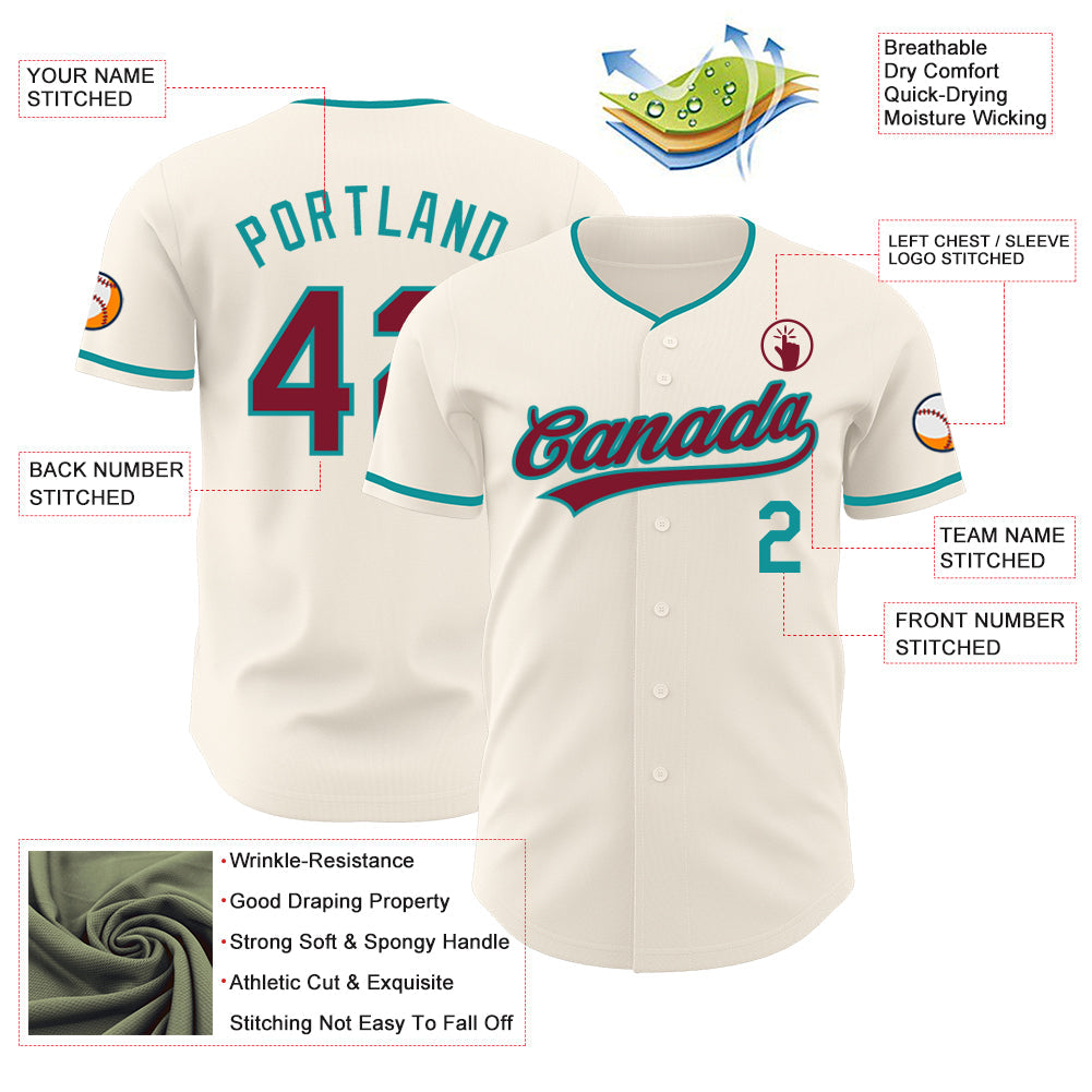 Custom Cream Crimson-Teal Authentic Baseball Jersey view 3
