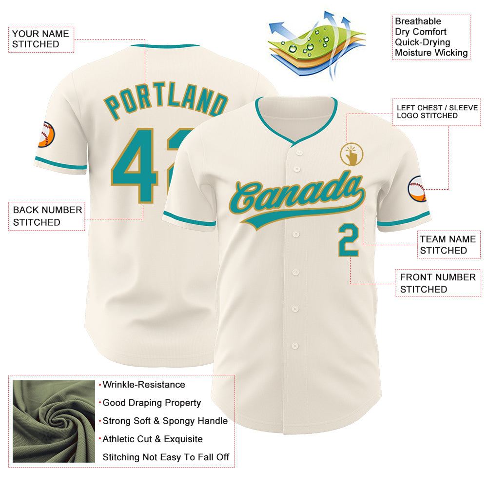 Custom Cream Teal-Old Gold Authentic Baseball Jersey view 3