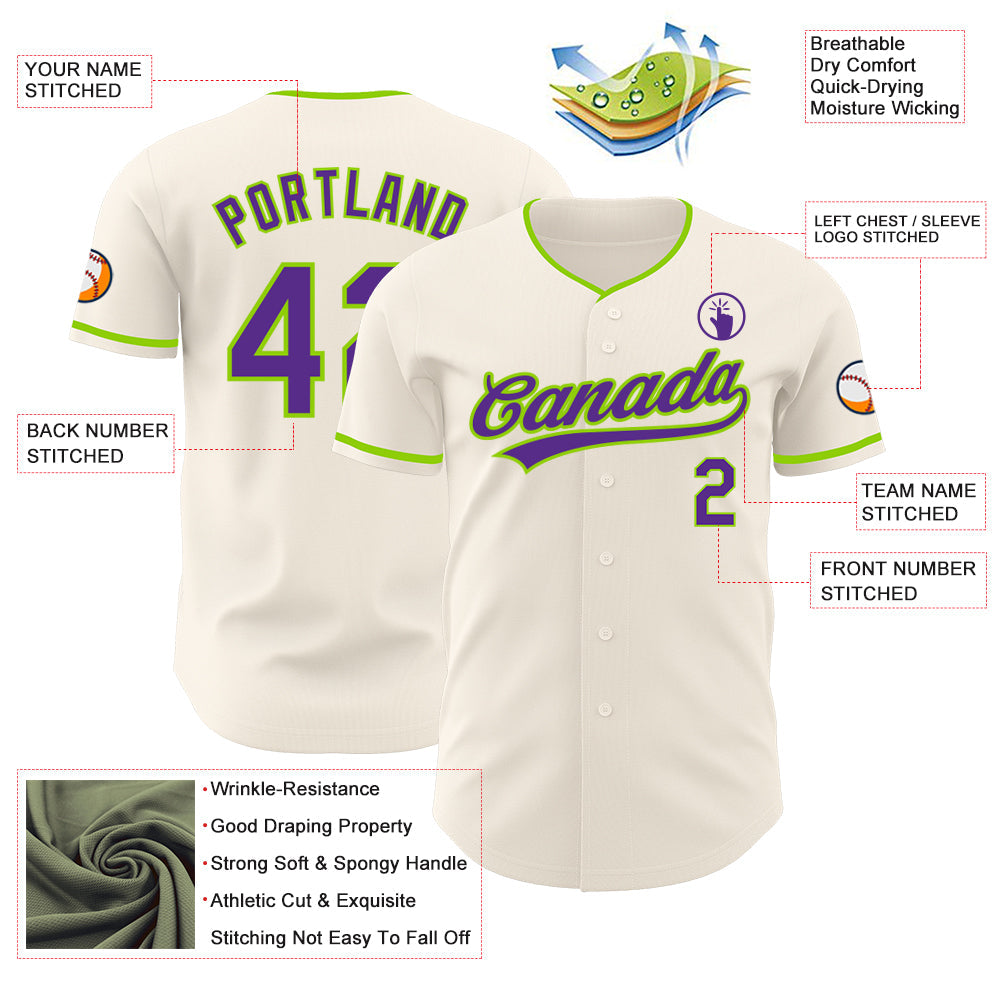 Custom Cream Purple-Neon Green Authentic Baseball Jersey view 3