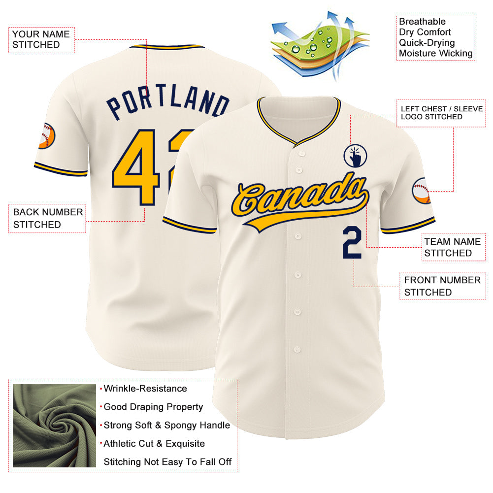 Custom Cream Gold-Navy Authentic Baseball Jersey view 3