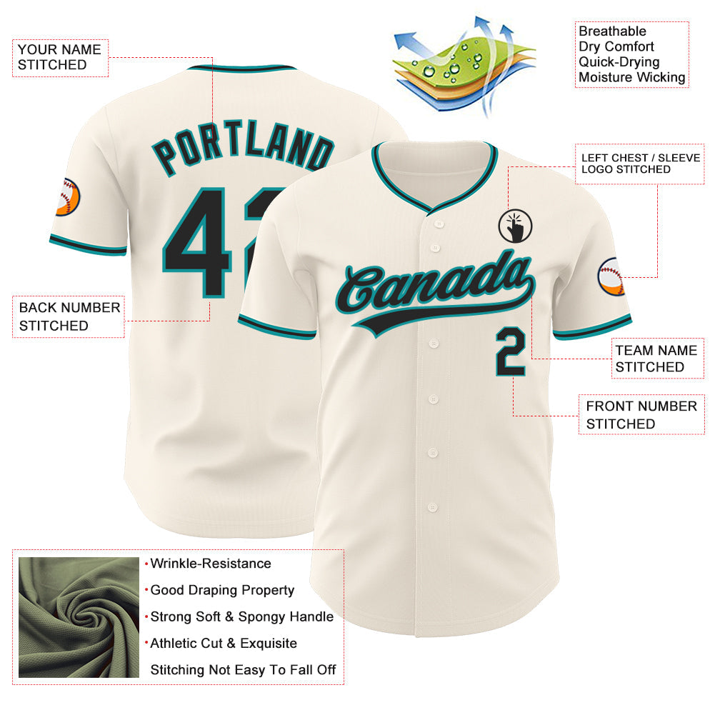 Custom Cream Black-Teal Authentic Baseball Jersey view 3