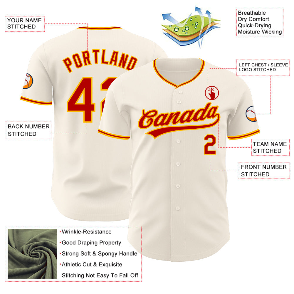Custom Cream Red-Gold Authentic Baseball Jersey view 3