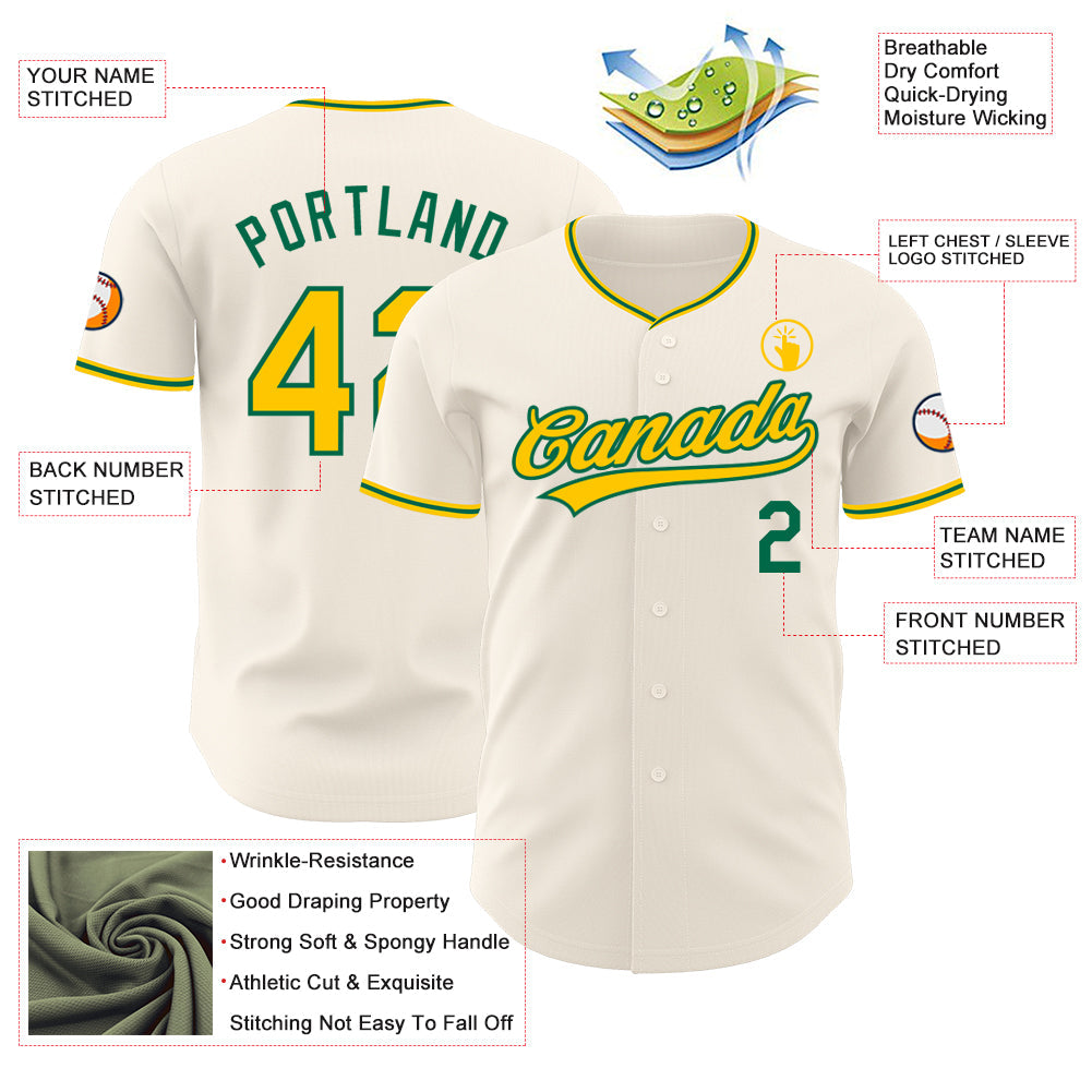 Custom Cream Yellow-Kelly Green Authentic Baseball Jersey view 3