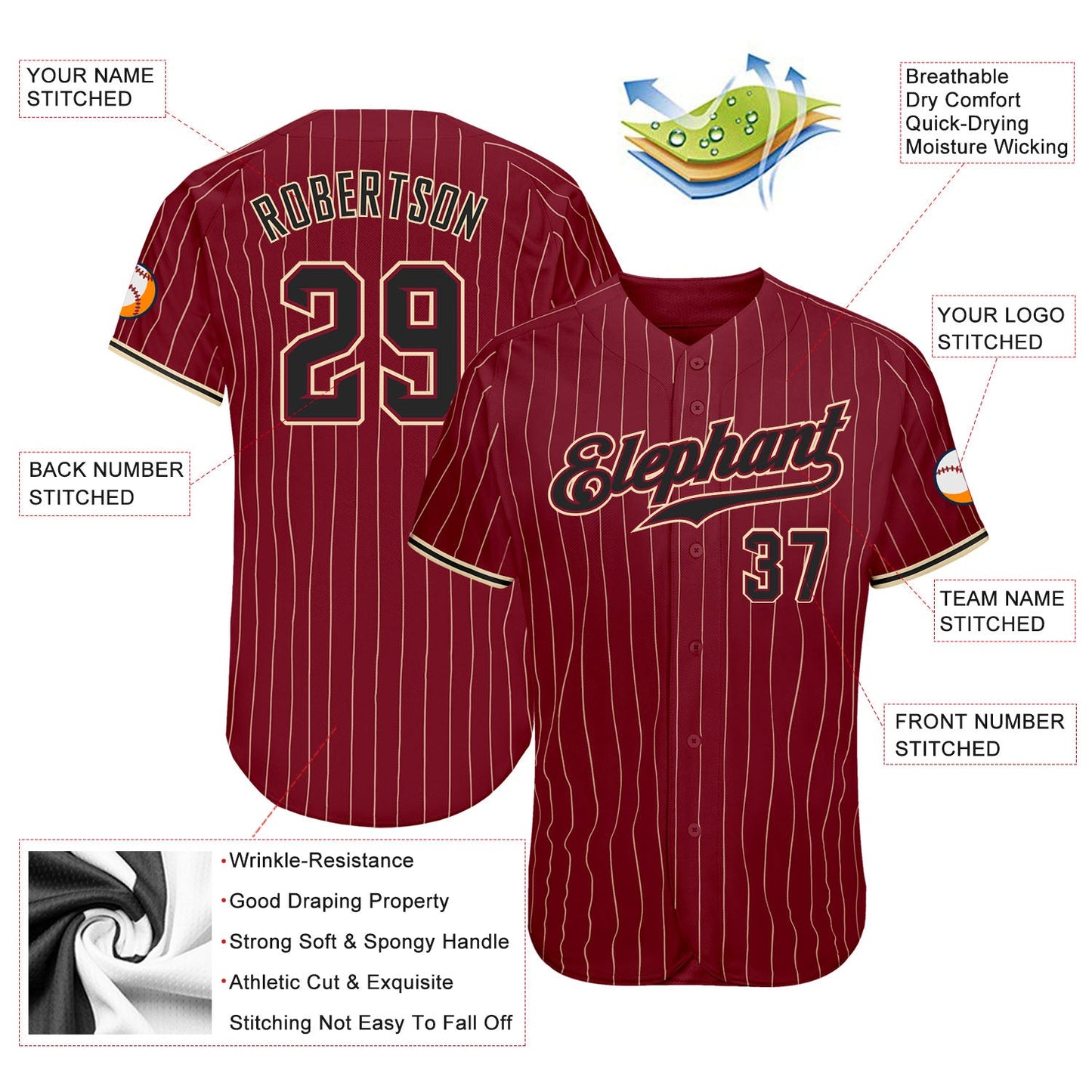 Custom Crimson Cream Pinstripe Black-City Cream Authentic Baseball Jersey view 4